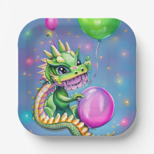 Cute Birthday Dragon with Balloons  Paper Plate