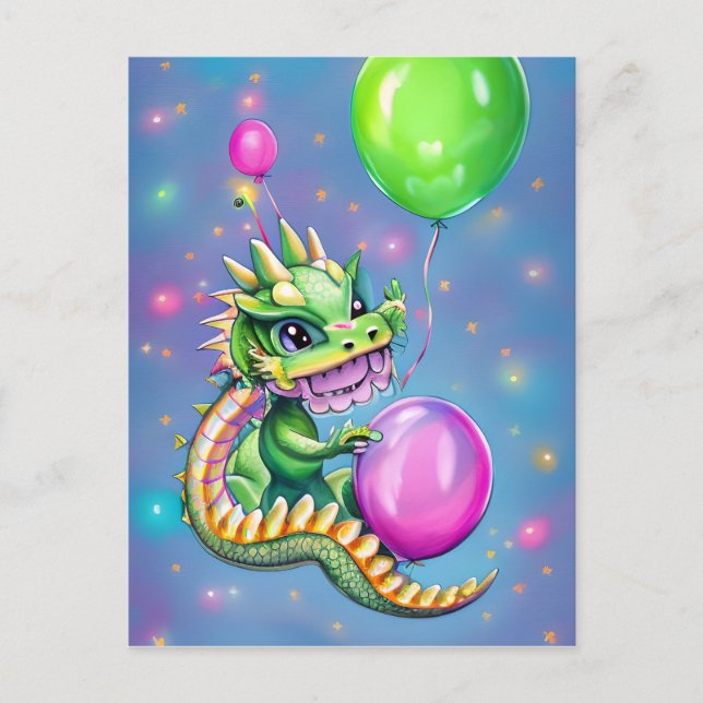 Cute Birthday Dragon with Balloons Postcard (Front)