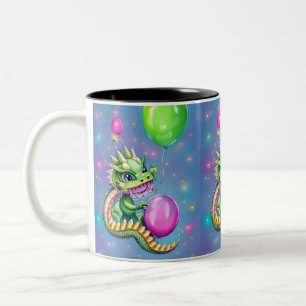 Cute Birthday Dragon with Balloons Two-Tone Coffee Mug
