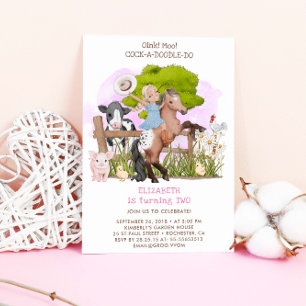 Cute Birthday Farm Animals Cowgirl Barnyard Invitation
