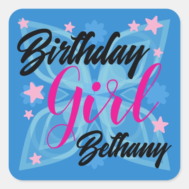 Cute Birthday Girl Abstract Blue Square Sticker (Front)