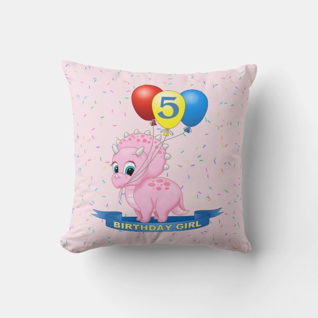Cute Birthday Girl Pink Baby Triceratops Dino Cushion (Front)