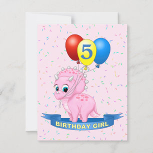 Cute Birthday Girl Pink Baby Triceratops Dino Invitation