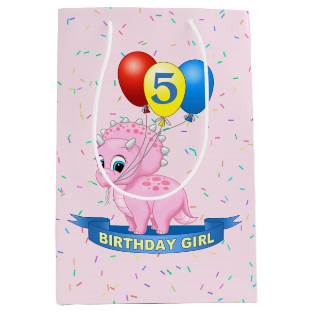 Cute Birthday Girl Pink Baby Triceratops Dino Medium Gift Bag (Front)