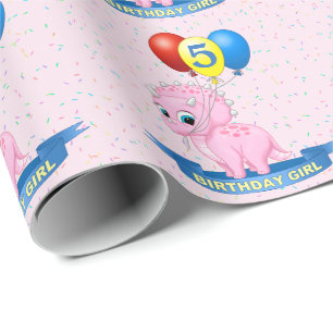 Cute Birthday Girl Pink Baby Triceratops Dino Wrapping Paper