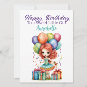 Cute Birthday Girl with Balloons & Presents Card