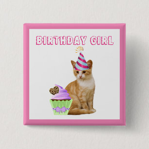 Cute Birthday Girl with Kitty Cat 15 Cm Square Badge
