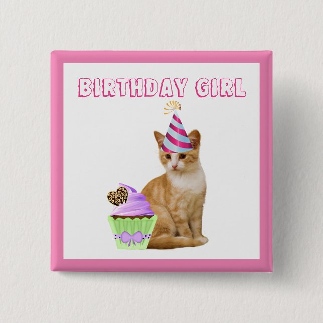 Cute Birthday Girl with Kitty Cat 15 Cm Square Badge (Front)