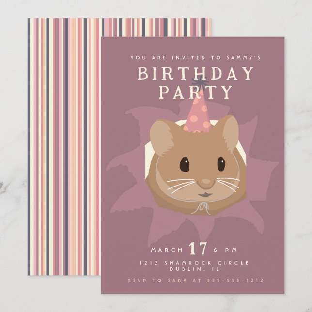 Cute Birthday Hamster in muted tones Invitation (Front/Back)