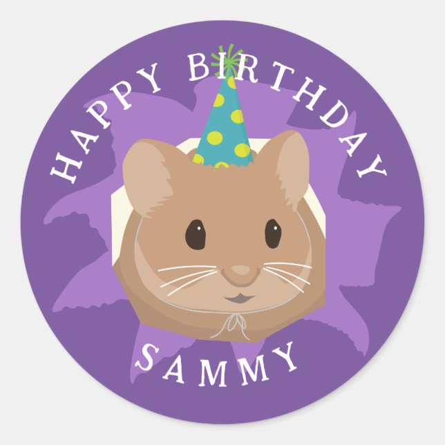 Cute Birthday Hamster peeking through hole Classic Round Sticker (Front)