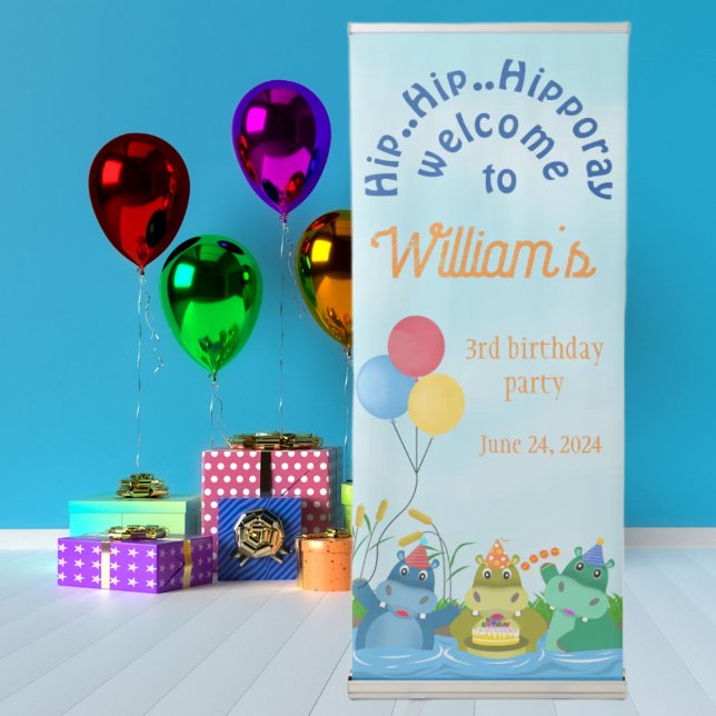 Cute Birthday Hippo Safari Retractable Banner (Creator Uploaded)
