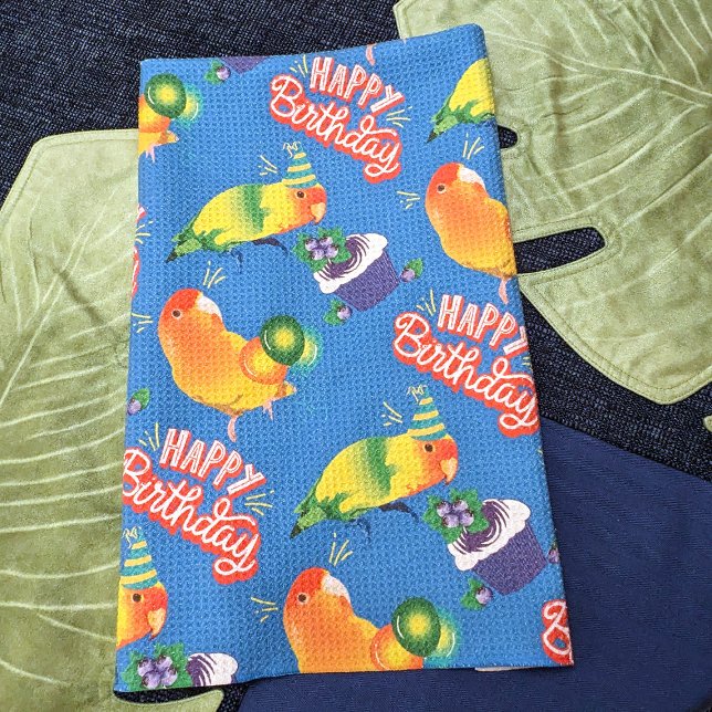 Cute Birthday Lovebird Party Parrots Colourful Blu Tea Towel (Creator Uploaded)