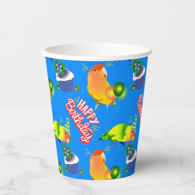 Cute Birthday Lovebirds Party Parrot Birb Hatchday Paper Cups (Front)