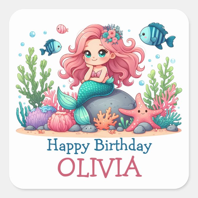 Cute Birthday Mermaid And Fish Personalised Square Sticker (Front)