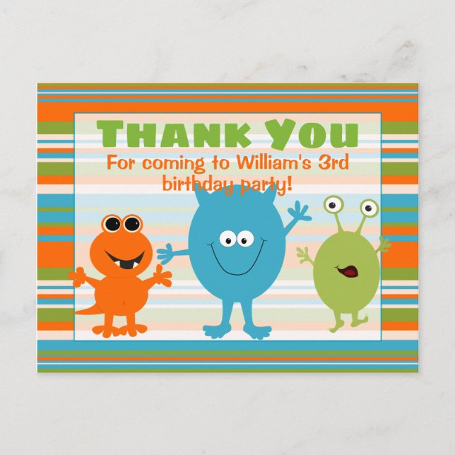 Cute Birthday Monster Thank You Postcard (Front)