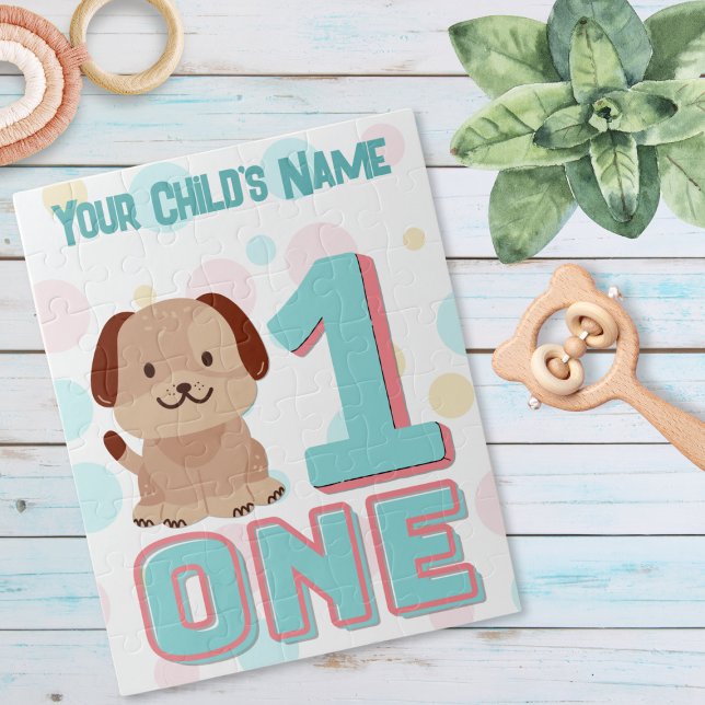Cute Birthday Number One Dog Kid Name Jigsaw Puzzle (Creator Uploaded)