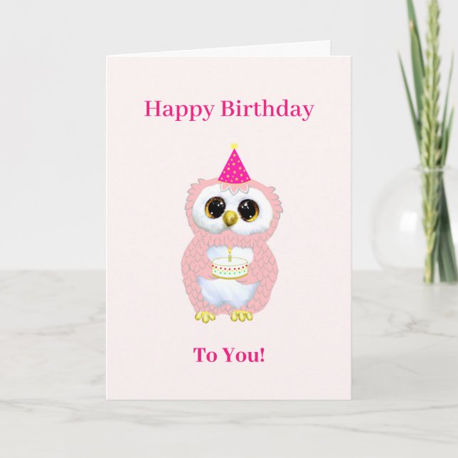 Cute Birthday Owl Wishes on Light Pink Card (Front)