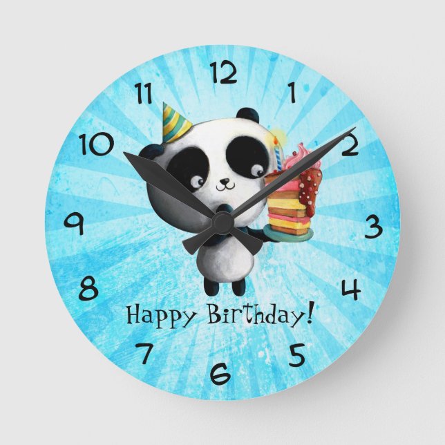 Cute Birthday Panda with Cake Round Clock (Front)