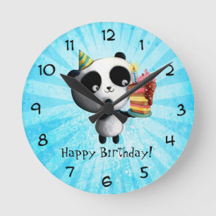 Cute Birthday Panda with Cake Round Clock