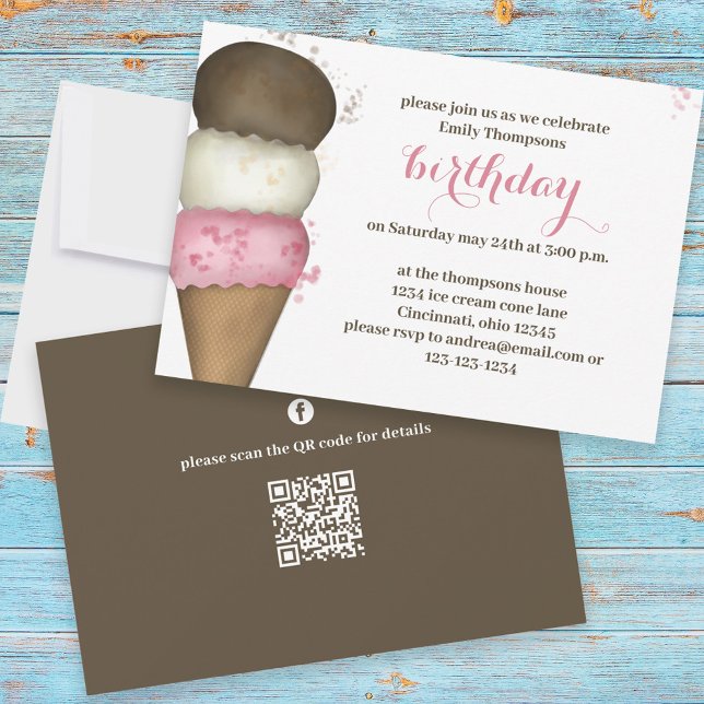 Cute Birthday Party Ice Cream Cone Custom Invitation (Creator Uploaded)