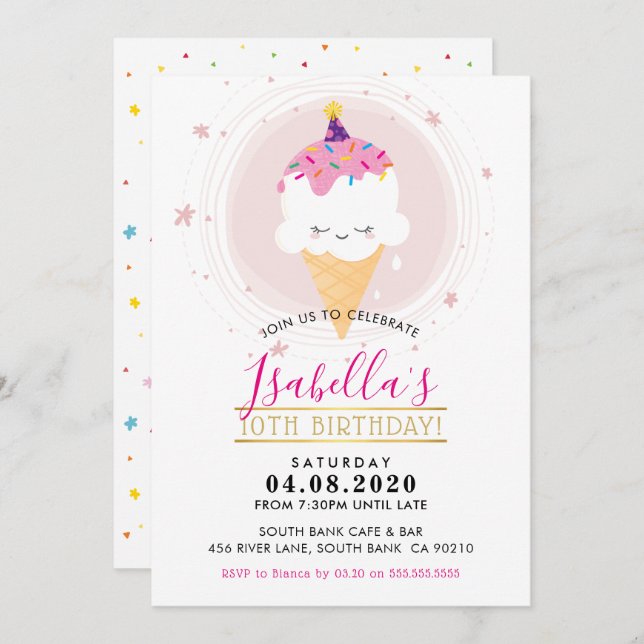 CUTE BIRTHDAY PARTY INVITE kawaii icecream cone (Front/Back)