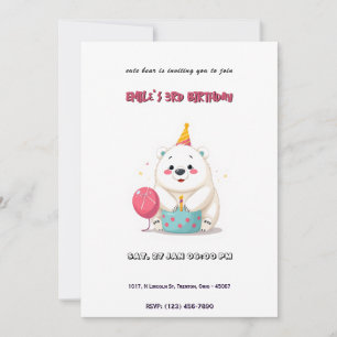 Cute Birthday Polar Bear with Party Hat Invitation