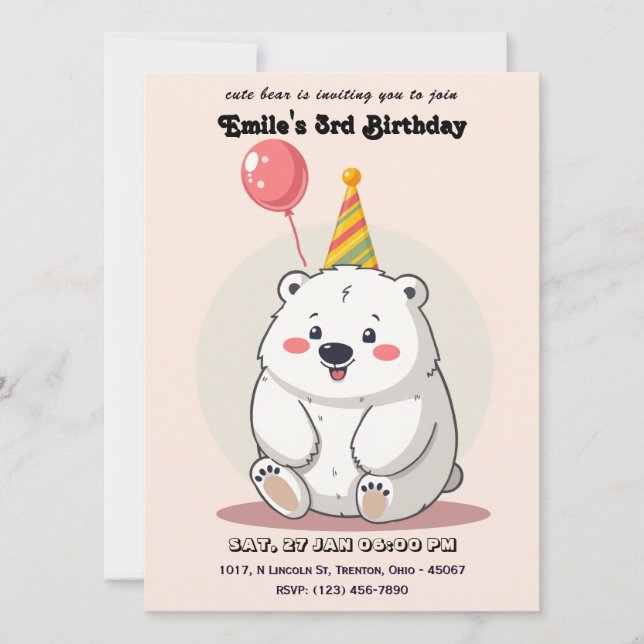 Cute Birthday Polar Bear with Party Hat Invitation (Front)