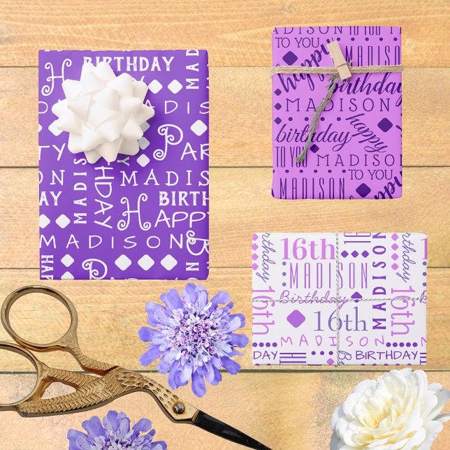 Cute Birthday Purple Any Age Add Childs Name Wrapping Paper Sheet (So easy to customize, these typography Birthday wrapping paper sheets will bring WOW to the party.)