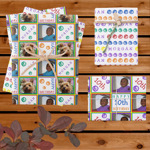 Cute Birthday Rainbow 3 Photo Any Age Add Name Wrapping Paper Sheet