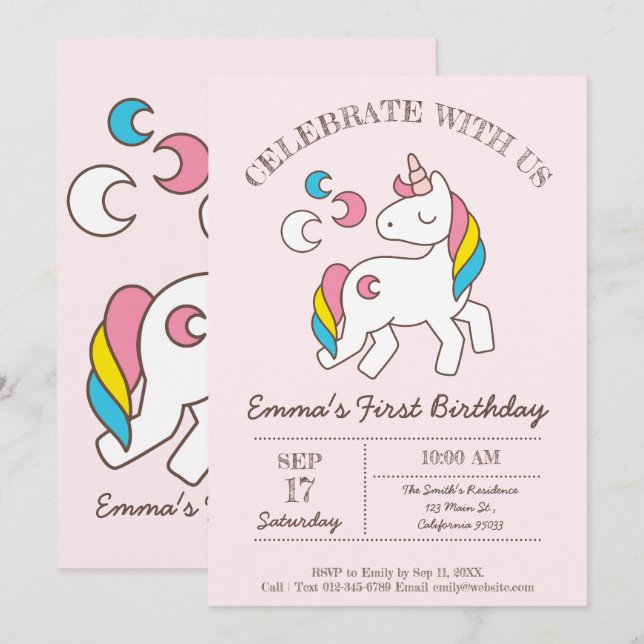 Cute Birthday Rainbow Unicorn Invitation (Front/Back)