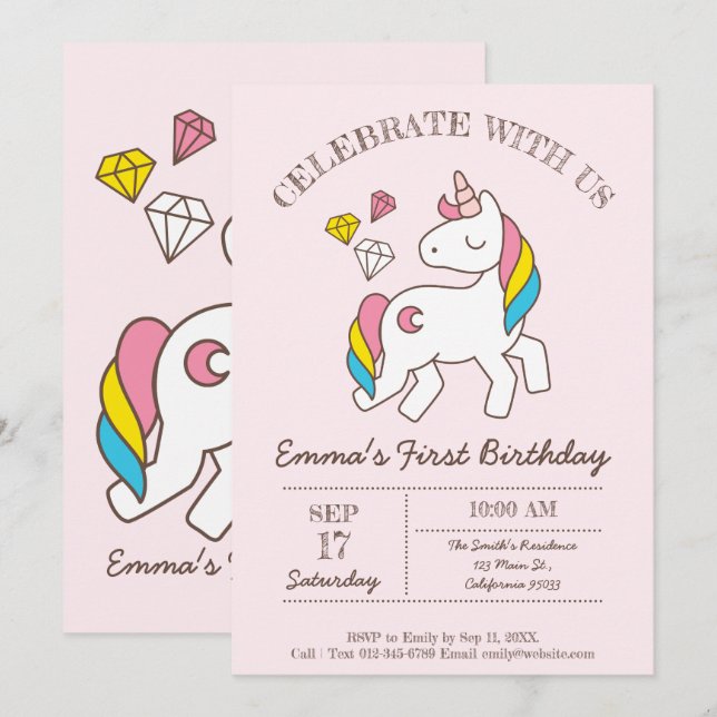 Cute Birthday Rainbow Unicorn Invitation (Front/Back)
