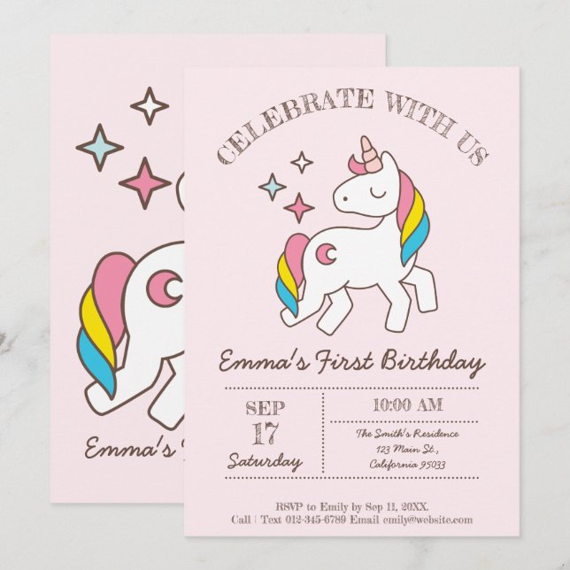 Cute Birthday Rainbow Unicorn Party Invitation (Front/Back)