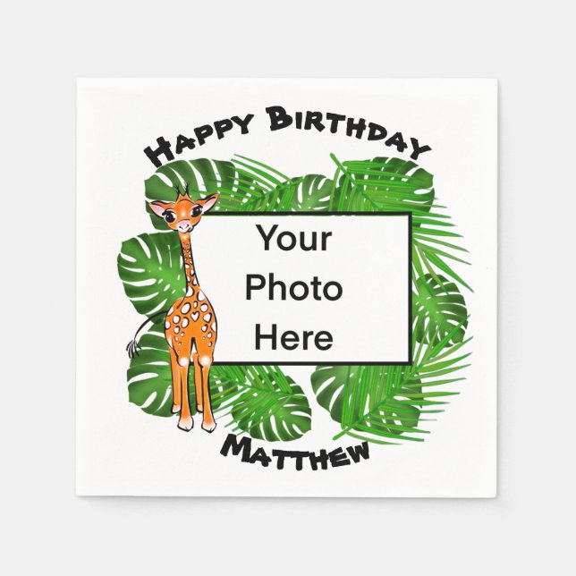 Cute Birthday Safari giraffe  | tropical forest   Napkin (Front)