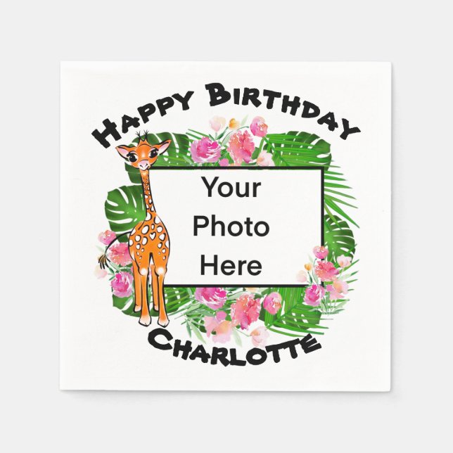 Cute Birthday Safari giraffe  | tropical forest  Napkin (Front)