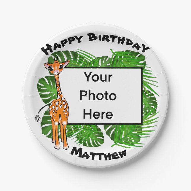 Cute Birthday Safari giraffe  | tropical forest  Paper Plate (Front)