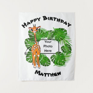 Cute Birthday Safari giraffe tropical forest Ta Tapestry