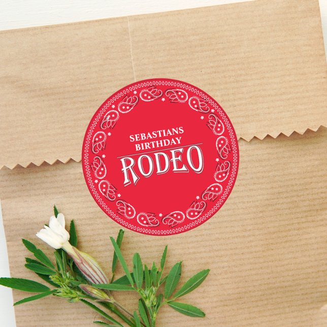 Cute Birthday Simple Rodeo Typography Red Bandanna Classic Round Sticker (Creator Uploaded)