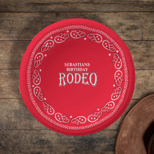 Cute Birthday Simple Rodeo Typography Red Bandanna Paper Plate