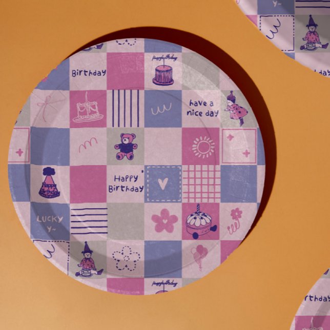 Cute Birthday Squares – Pink modern Pattern Paper Plate (Creator Uploaded)