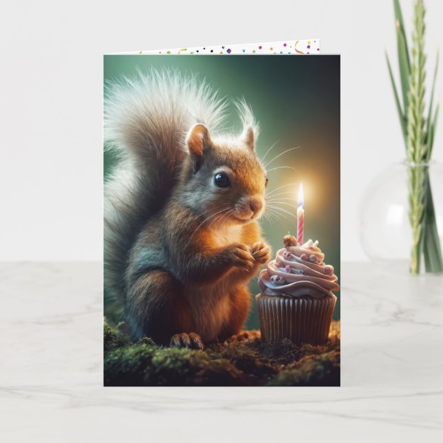 Cute Birthday Squirrel With Cupcake Card (Front)