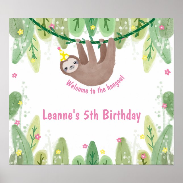 Cute birthday welcome sloth in party hat poster (Front)