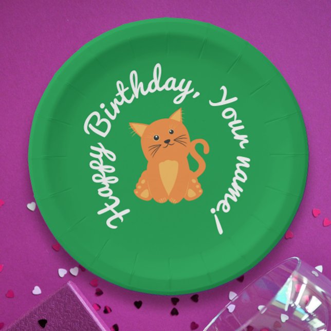Cute Birthday Wish  With Orange Kitten On Green Paper Plate (Creator Uploaded)