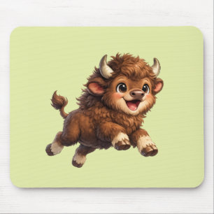 Cute Bison with Big Eyes Happy Wildlife Cartoon Mouse Mat
