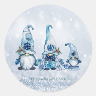 Cute Bkue Gnomes,Blue Bokeh Classic Round Sticker