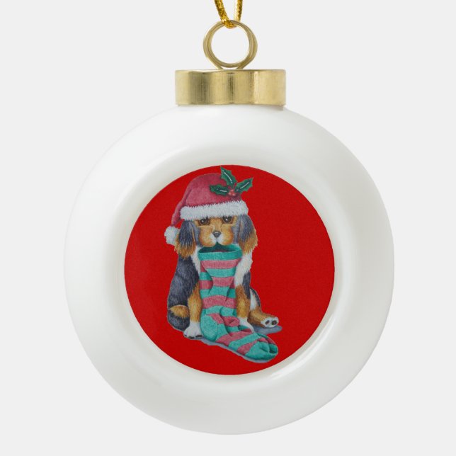 cute black and brown christmas puppy ceramic ball christmas ornament (Front)