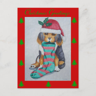 cute black and brown puppy at christmas holiday postcard