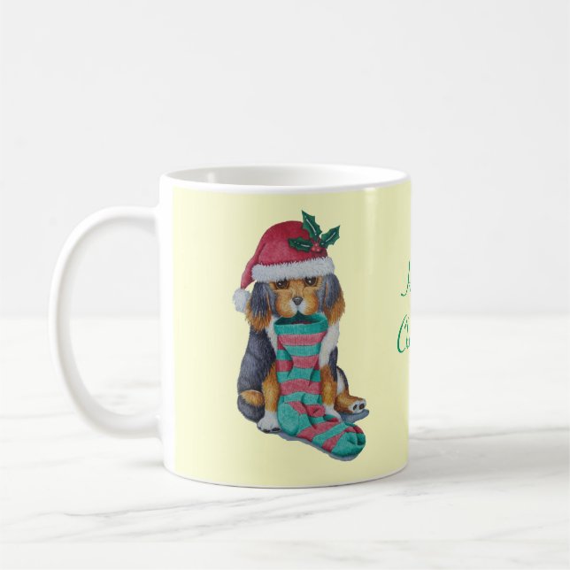 cute black and brown puppy dressed for christmas coffee mug (Left)