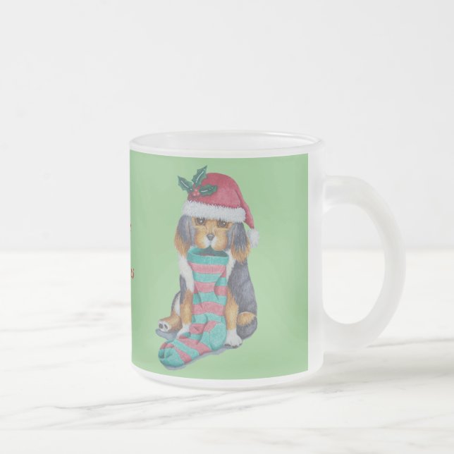 cute black and brown puppy dressed for christmas frosted glass coffee mug (Right)
