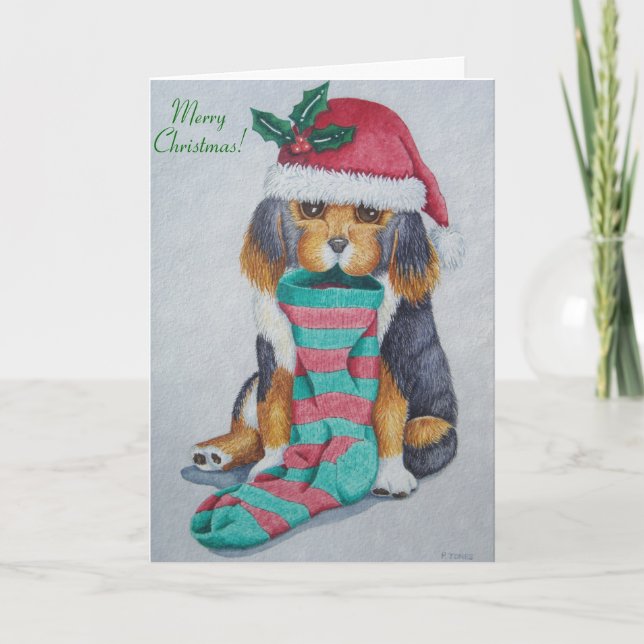 cute black and brown puppy dressed for christmas holiday card (Front)