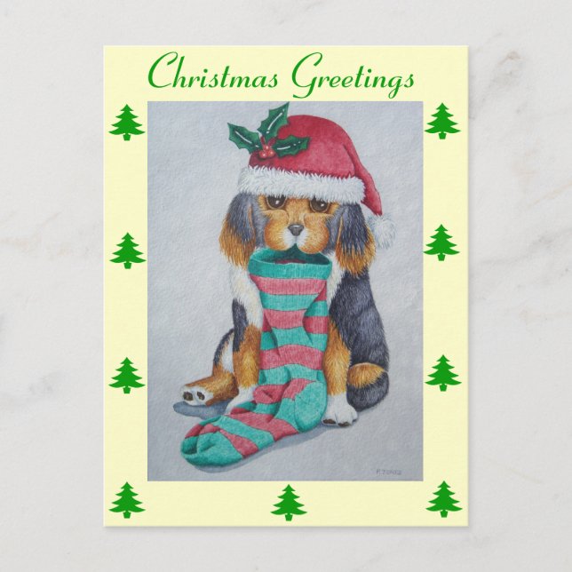 cute black and brown puppy dressed for christmas holiday postcard (Front)